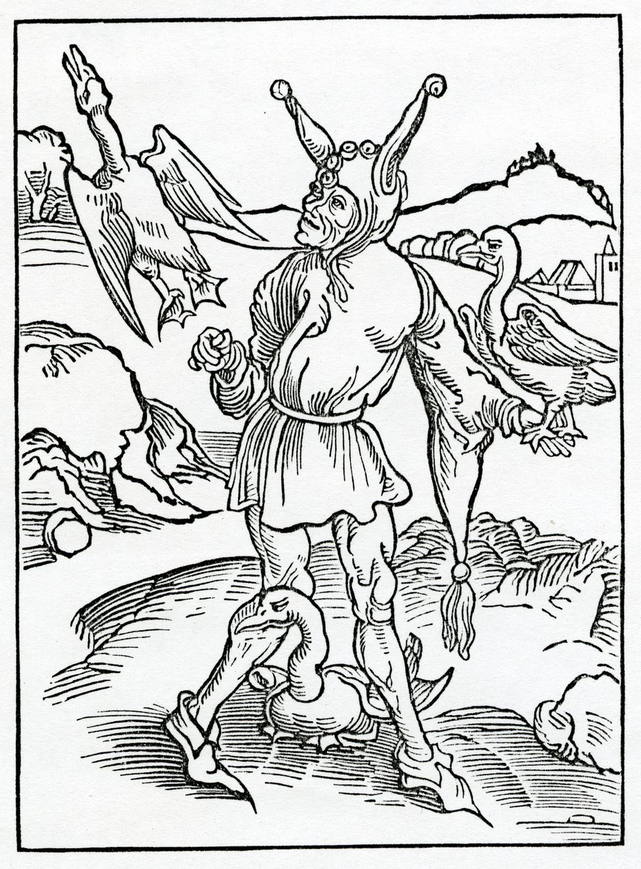 Hym that naught can a nic wyll lerne, and seyth moche, lytell berynge away, I mene nat theuys, ilustrace z anglického překladu Alexandra Barclaye „Loď bláznů“, z vydání od German School