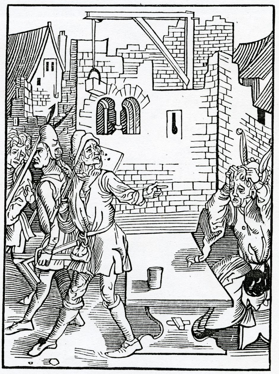 O folisshe begynnynge velkých bildynges bez dostatečného prouision, ilustrace z anglického překladu Alexandra Barclaye „The Ship of Fools“, z vydání vydaného v roce 1874 (engravi od German School