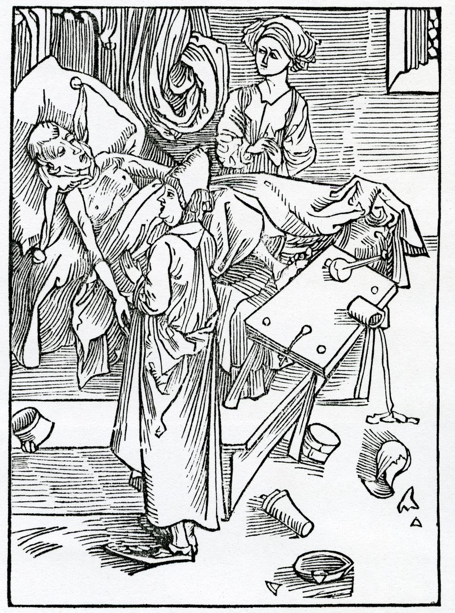 Z těch, kteří jsou nemocní, hledají a jsou netrpěliví a poslušní lékaře, ilustrace z anglického překladu Alexandra Barclaye „The Ship of Fools“ z vydání vydaného v roce 1874 od German School
