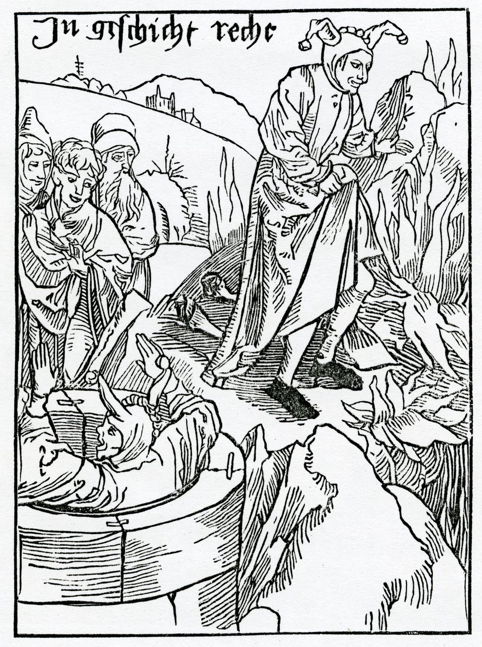 Z nich, kteří se wyllynge a vědomě dali do ieopardie a perylu, ilustrace z anglického překladu Alexandra Barclaye „Loď bláznů“, z vydání vydaného v roce 1874 (rytina od German School