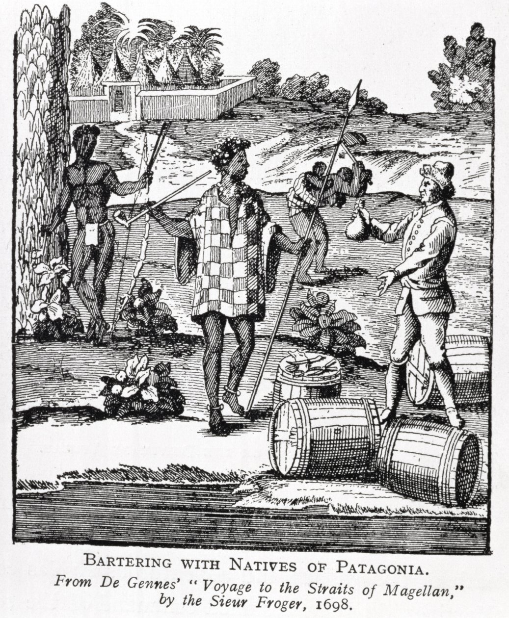 Španělský obchodník s domorodci v Patagonii, z de Gennesovy "Plavby k Magellanovu průlivu", Sieur Froger, 1698, z "The Romance of the River Plate", díl I, W. H. Koebel, 1914 (engr. od German School
