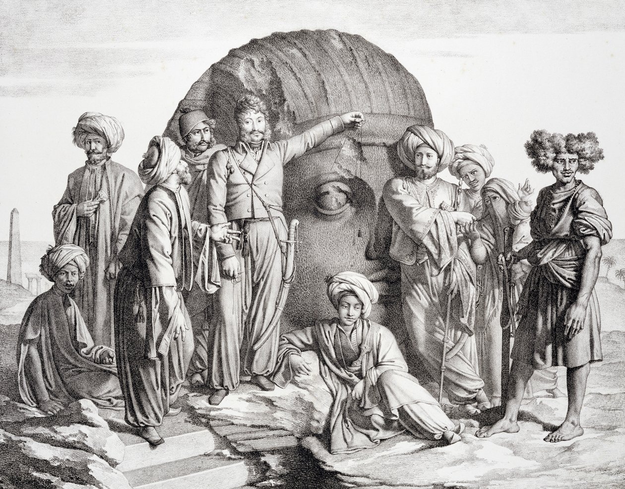 Monsieur Drovetti a jeho následovníci pomocí olovnice změřili v egyptské poušti kolosální hlavu, vyrytou G. Engelmannem, z „Voyage dans le Levant“ od Comte de Forbin, vydaného v roce 1819 (lit od Granger
