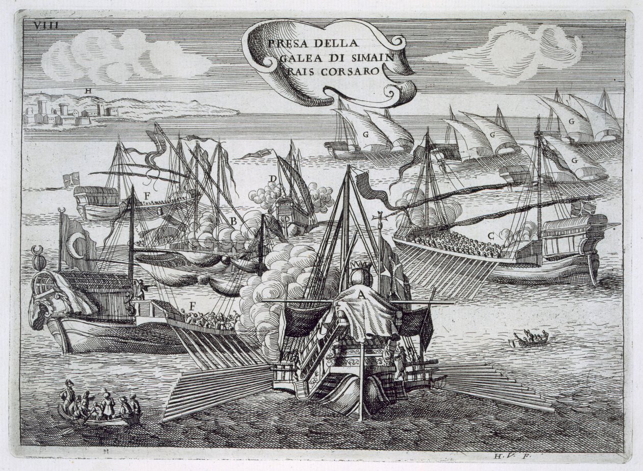 Zajetí korzára Simeona Raise v Galeasu, ilustrace z knihy "Pregi della Toscana Nell