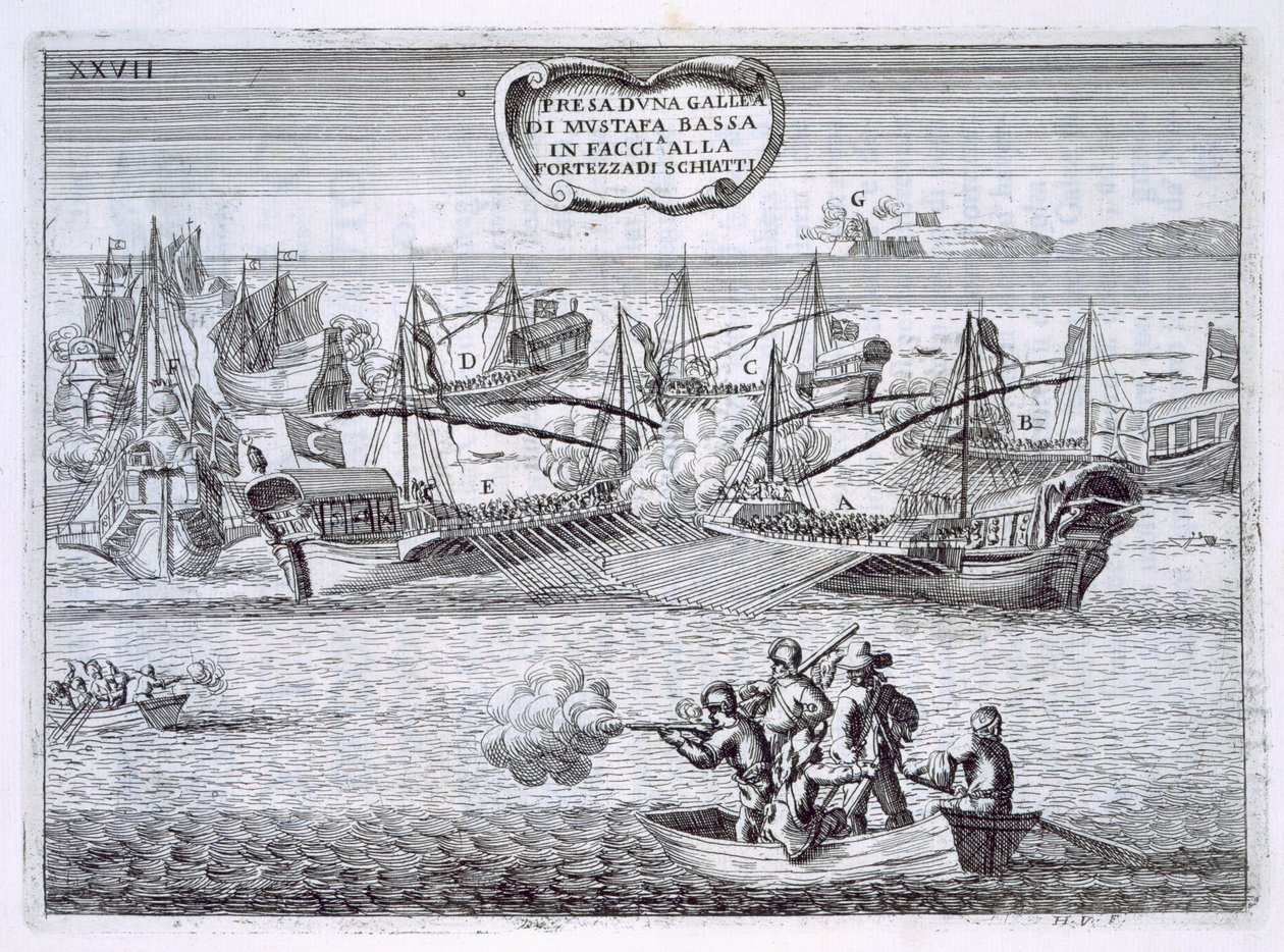 Bojové galeony Mustafy Bassy, ​​ilustrace z „Hodnoty Toskánska v nejvýznamnějších podnicích rytířů Santo Stefano“ od Fulvia Fontany, vyryto H. Vincentem, 1701 (rytina) od Italian School
