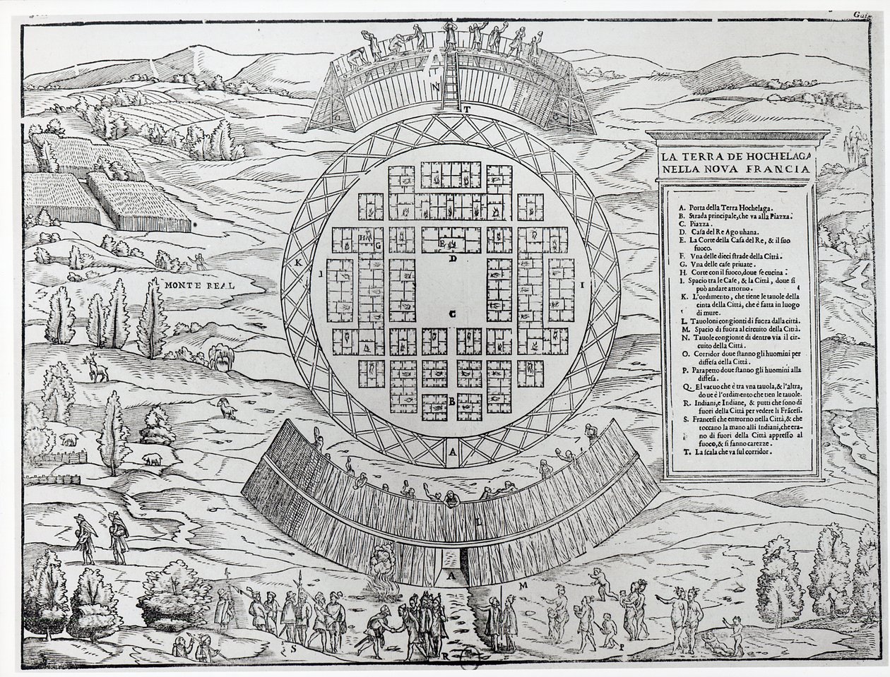Založení Hochelaga (Montreal), z „Třetího svazku Navigationes a cest, které obsahují navigaci do Nového světa“ od Giovanniho Battisty Ramusia (1485-1557), vydaného v roce 1556 (en od Italian School
