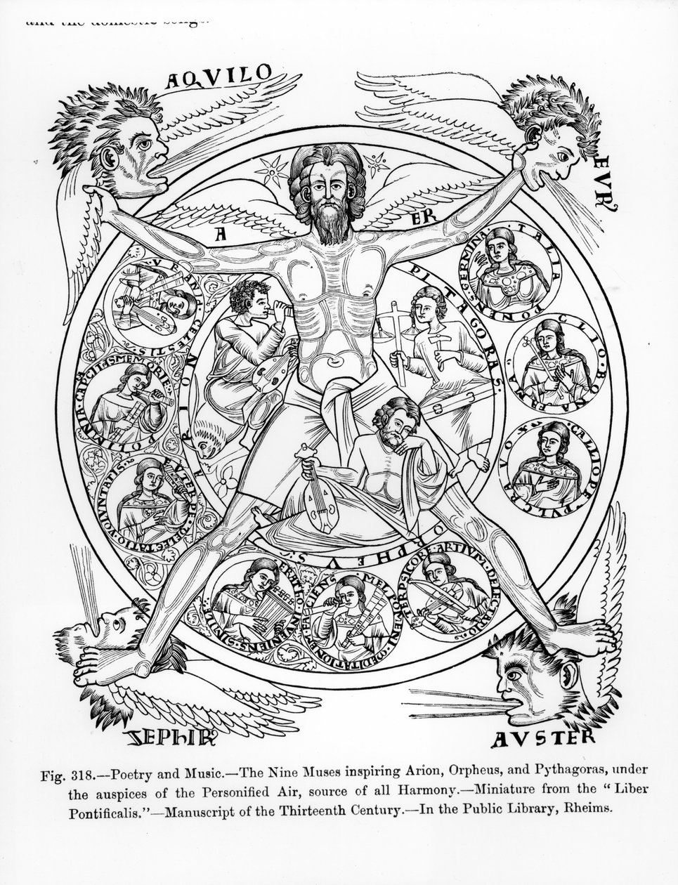 Poezie a hudba, Devět múz inspirující Arion, Orfeusan Pythagoras, pod záštitou Personified Air, zdroj veškeré harmonie, z ilustrace „Liber Pontificalis“ (Kniha papežů) od Italian School
