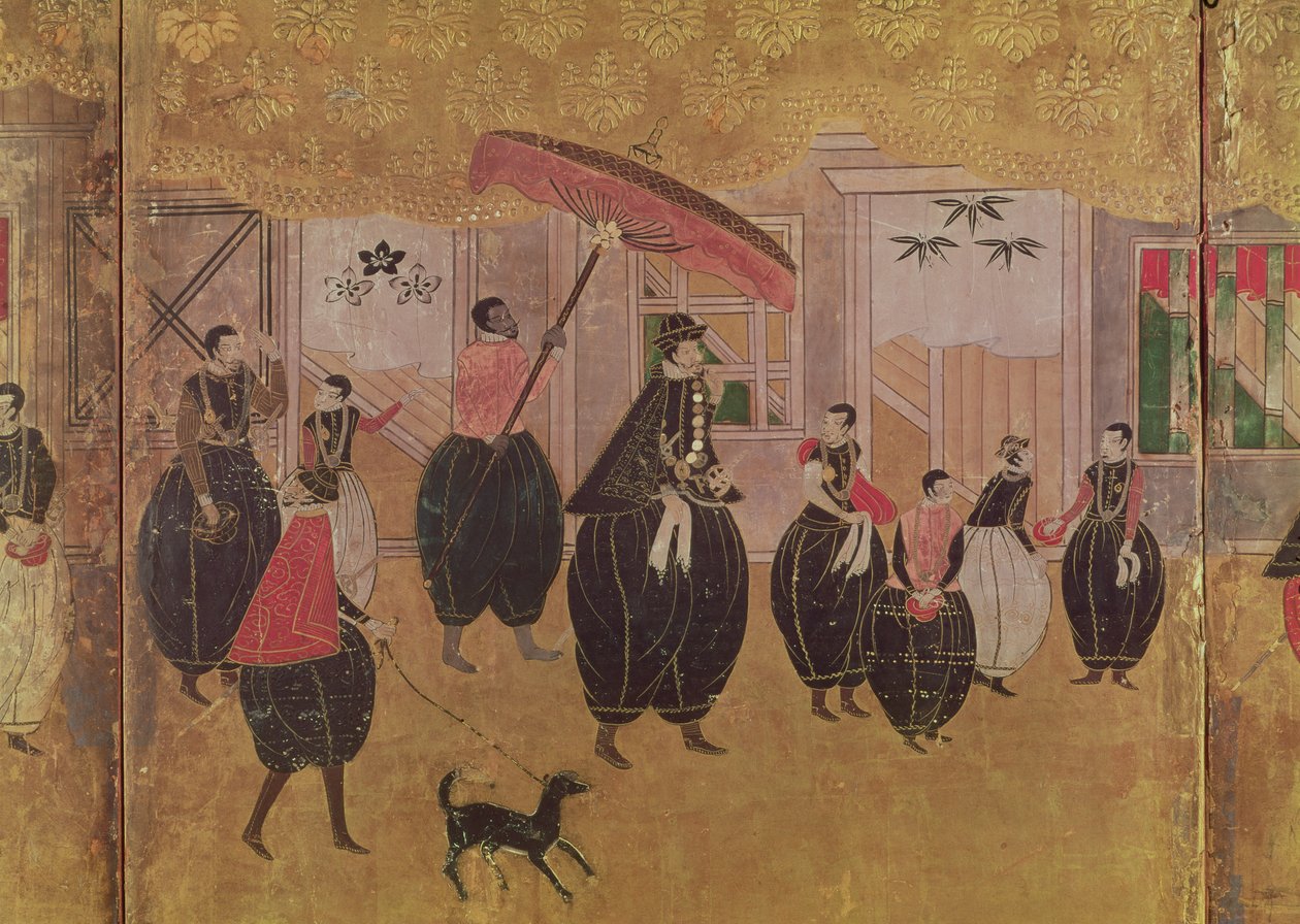 Sv. František Xaverský (1506-51) a jeho doprovod, detail pravé části skládacího plátna zobrazujícího příchod Portugalců do Japonska, škola Kano (lak) od Japanese School