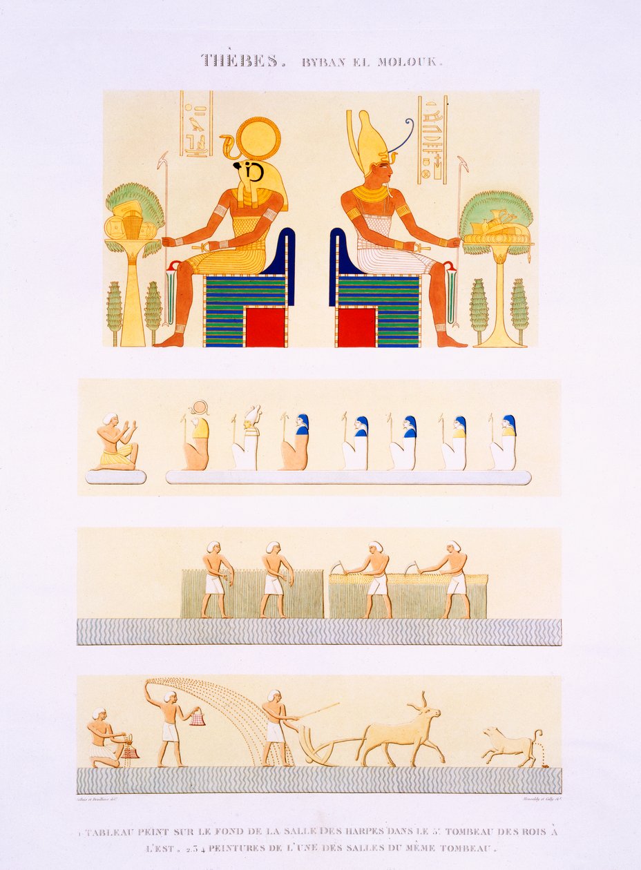 Ilustrace malovaných desek a nástěnných maleb z harf z 5. hrobky králů Východu, deska 90 ze svazku II „Popisy Egypta“, vyryté Monsaldy a Cally, 1822 (akvatinta) od Jollois and Devilliers