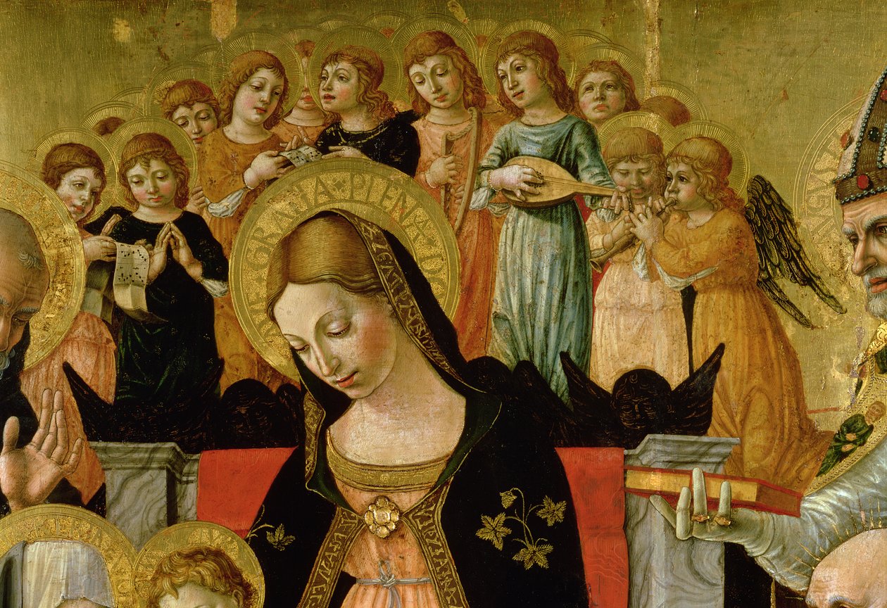 Svatba svaté Kateřiny Sienské, detail hlavy Panny Marie a andělů, kolem 1481-1500 (tempera a olej na desce) (viz také 99056) (podrobnosti viz 99638) od Lorenzo d Alessandro da Severino II