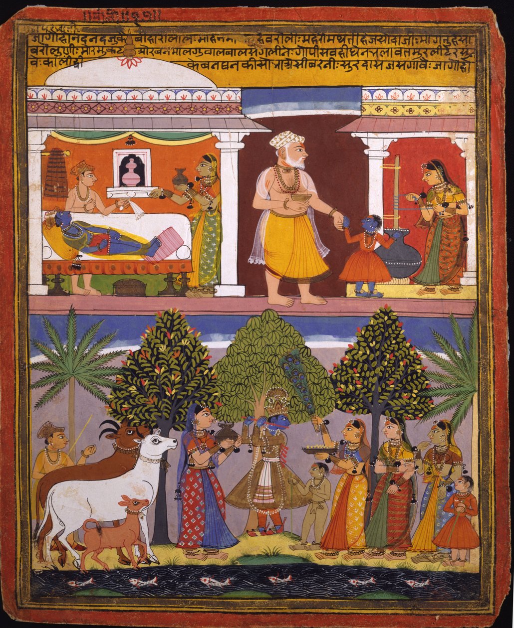 Scény z dětství Krishna, z rukopisu Sur Sagar od   Manohar