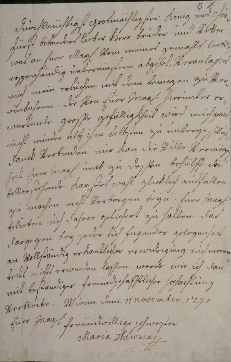 Dopis Marie Terezie králi Fridrichovi II. s prosbou o podporu císařské volby jejího manžela Františka I. dne 11. listopadu 1740 (pero a inkoust na papíře) od Maria Theresa of Austria