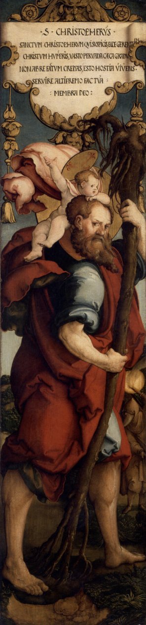 Levé neaktivní křídlo bývalého hlavního oltáře kostela sv. Martina, sv. Kryštof; Státní galerie Augsburg od Master of Messkirch