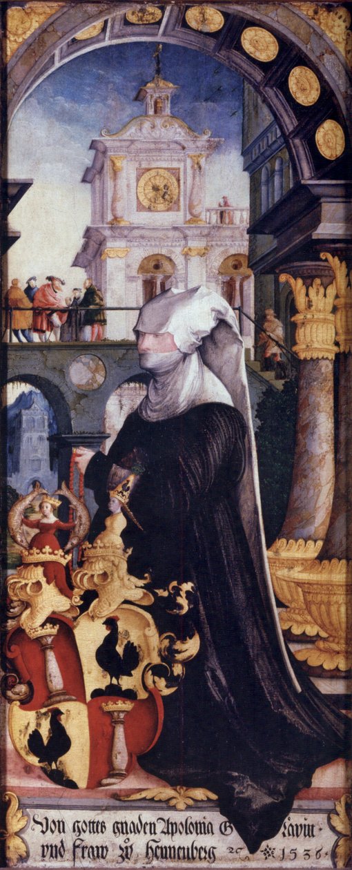 Otočné křídlo Wildensteiner Altar uvnitř, klečící dárkyně hraběnka Apollonia von Henneberg s erbem od Master of Messkirch