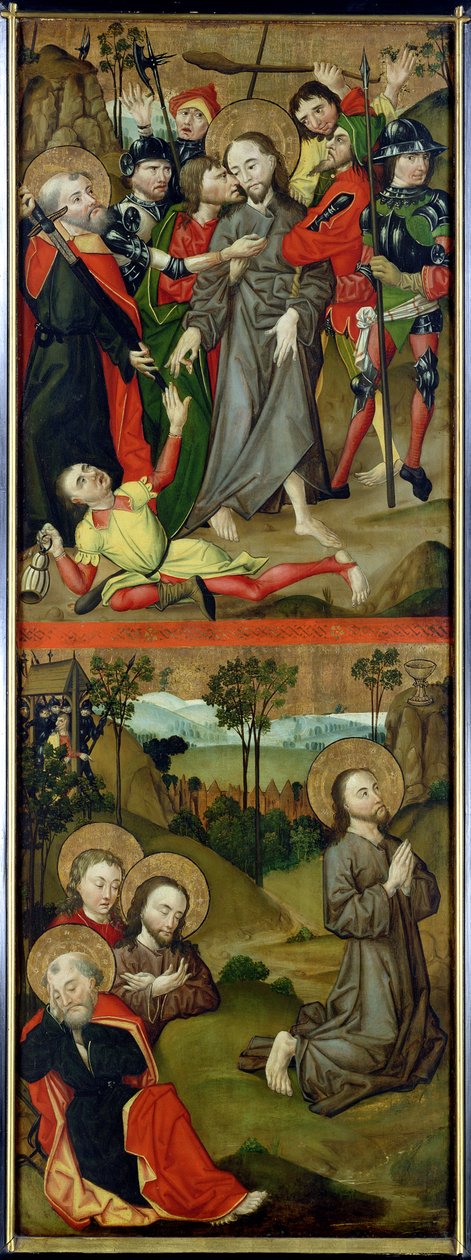 Zatčení Krista a Kristus v Getsemanské zahradě, deska z oltářního obrazu s výjevy umučení Krista a svatých, 1490 (viz také 144538-40) od Master of the Luneburg Footwashers