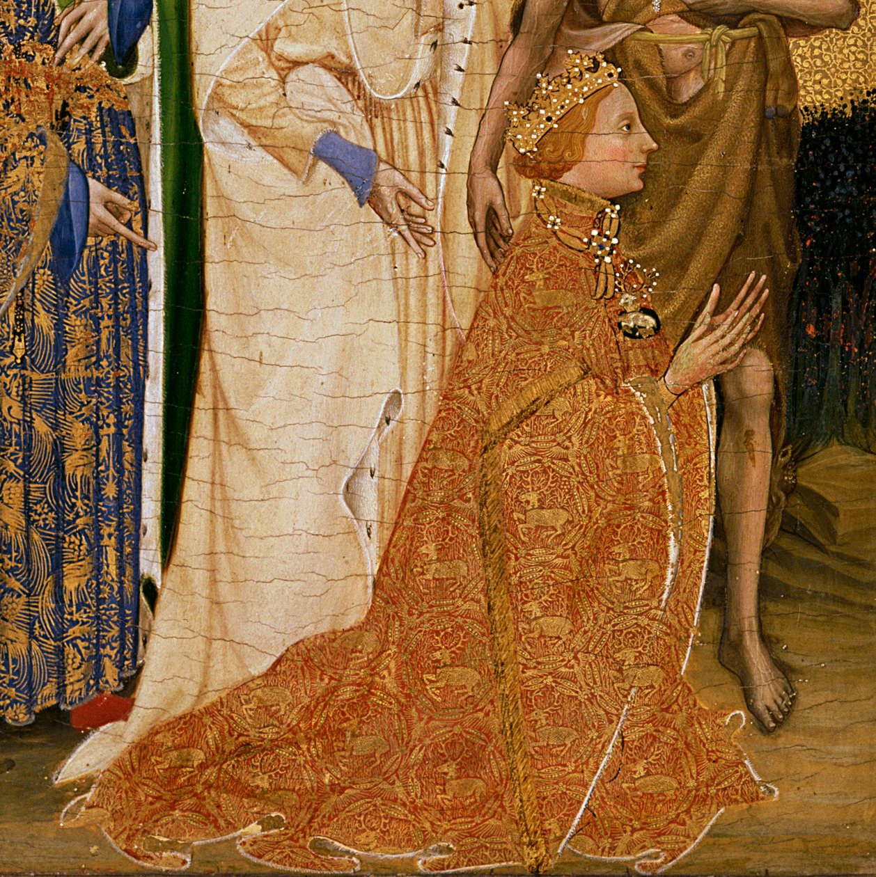 Richard II. Představený Panně a Dítěti jeho patronem Janem Křtitelem a svatými Edwardem a Edmundem, kolem 1395-99 (vaječná tempera na dubu) (detail 3028) od Master of the Wilton Diptych