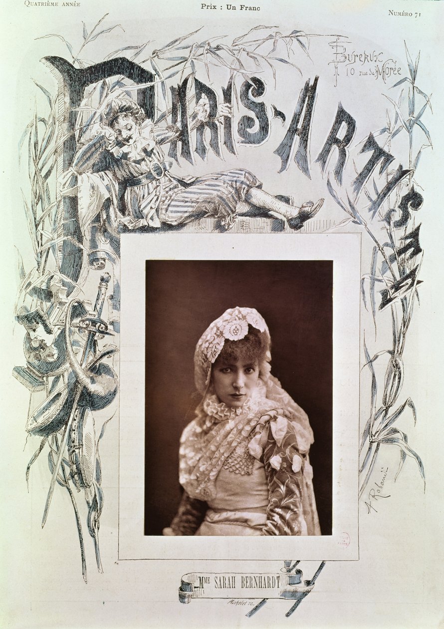 Sarah Bernhardtová (1844-1923) v roli Marion Delormeové v Theatre de la Porte Saint-Martin, ilustrace pro obálku časopisu "Paris Artiste", č. 71, rytina Michelet (kombinovaná technika) od Nadar