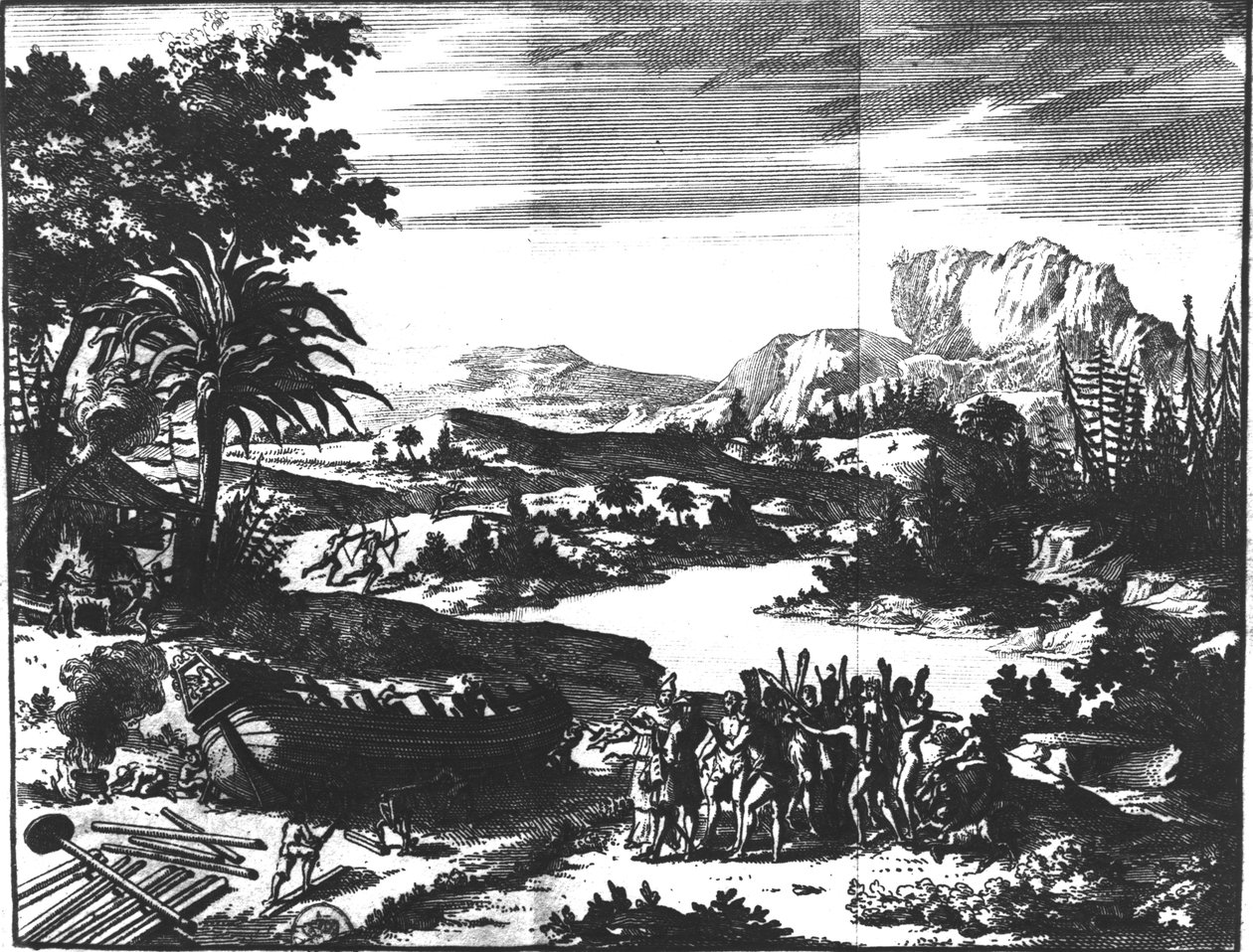 Stavba „Griffona“ René Roberta Caveliera de la Salle (1643-87) na břehu jezera Erie, z „Voyages Curieux de M. de Hennequin et de M. de la Borde“, 1711 od Netherlandish School
