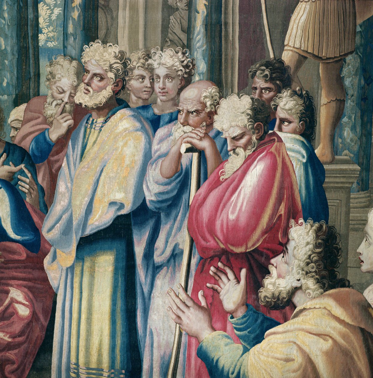Tapiserie zobrazující Skutky apoštolů, svatého Pavla kázajícího na Areopagu (detail Athéňanů naslouchajících kázání svatého Pavla), tkané v dílně v Beauvais pod vedením Ph. od Raffaello Sanzio Raphael