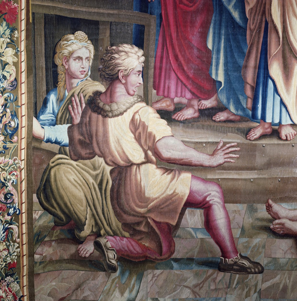 Tapiserie znázorňující Skutky apoštolů, Ananiášovu smrt (detail dvou diváků sevřených zděšením), tkaná v dílně v Beauvais pod vedením Philippa Behagleho (1641-1705), od Raffaello Sanzio Raphael