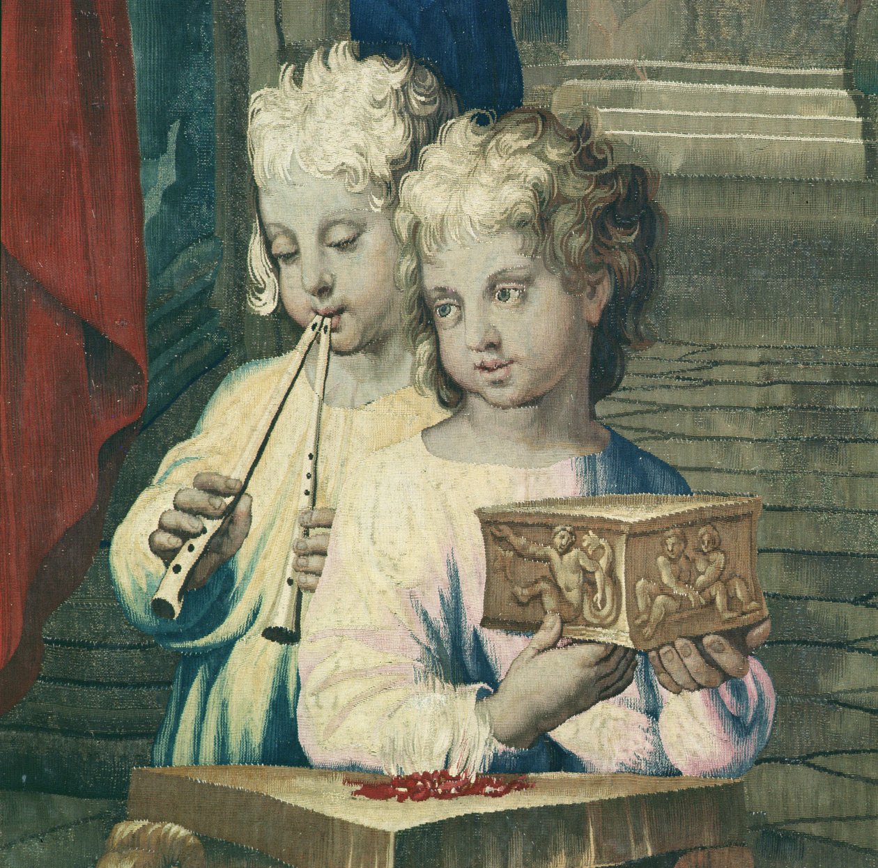 Tapiserie zobrazující Skutky apoštolů, oběť Lystry (detail dvou dětí, jedno hraje na dvojitou flétnu a druhé představuje malou krabičku), tkané v dílně v Beauvais pod vedením od Raffaello Sanzio Raphael