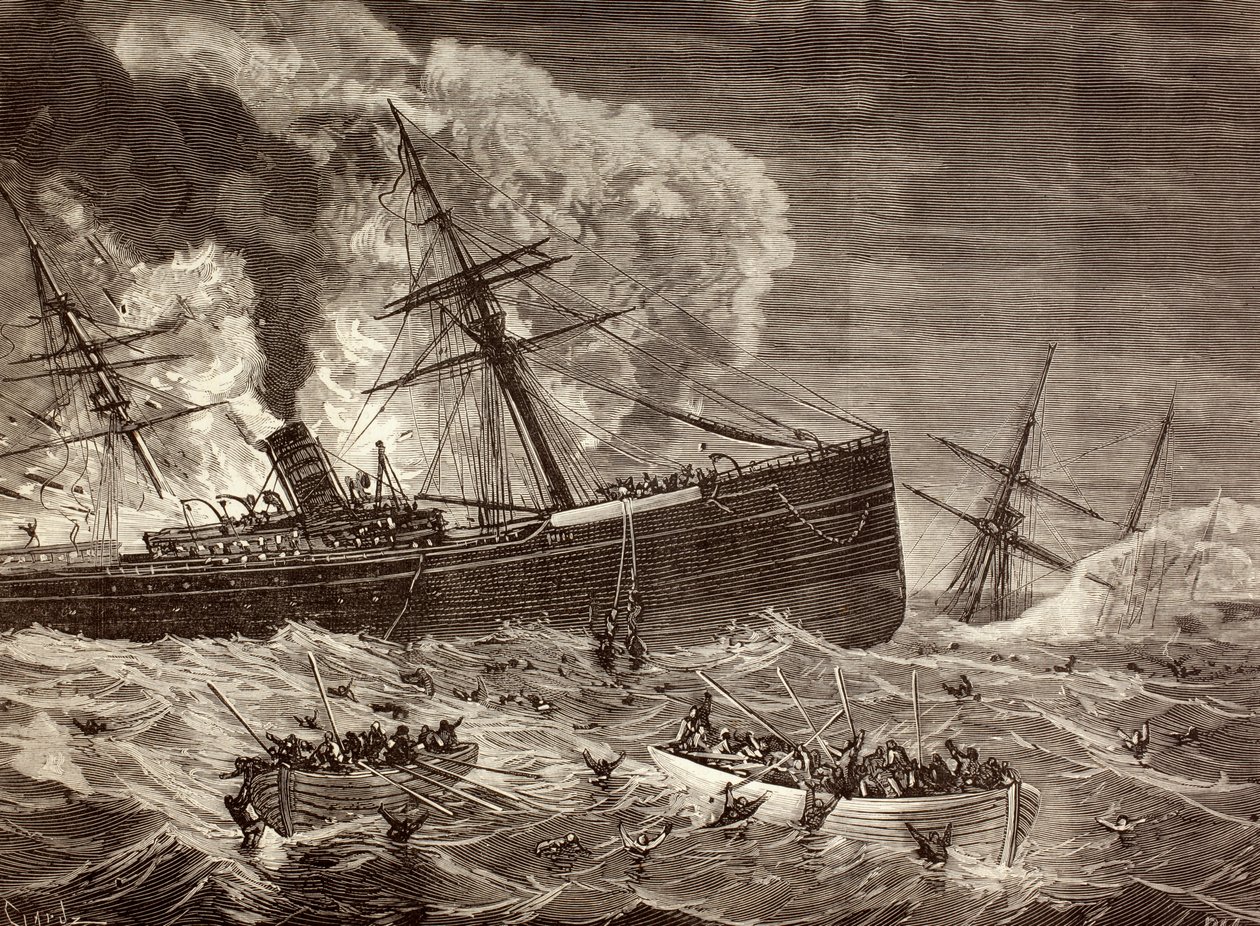 Srážka a potopení španělského parníku „Leon“ a anglického parníku „Harelda“ u Cabo da Roca v Portugalsku v lednu 1881 z „La Ilustracion Espanola y Americana“ z roku 1881 od Spanish School
