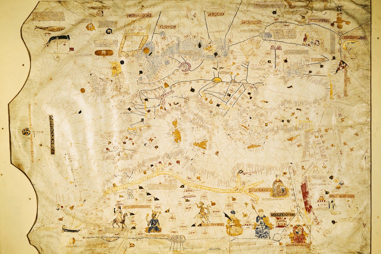 Mapa Karla V., Mapa Mecia de Viladestes, portulán Evropy a severní Afriky, 1413 (vellum) od Spanish School