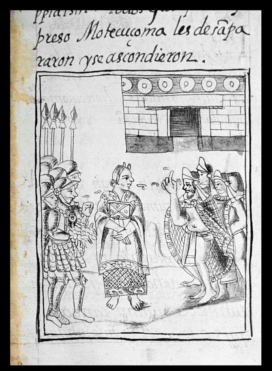 paní Palatová. 218-220 Kniha IX Marina tlumočení pro Španěly na setkání mezi Hernandem Cortesem a Montezumou (1466-1520), z „Florentinského kodexu“ od Bernardina de Sahagun, kolem 1540-85 od Spanish School
