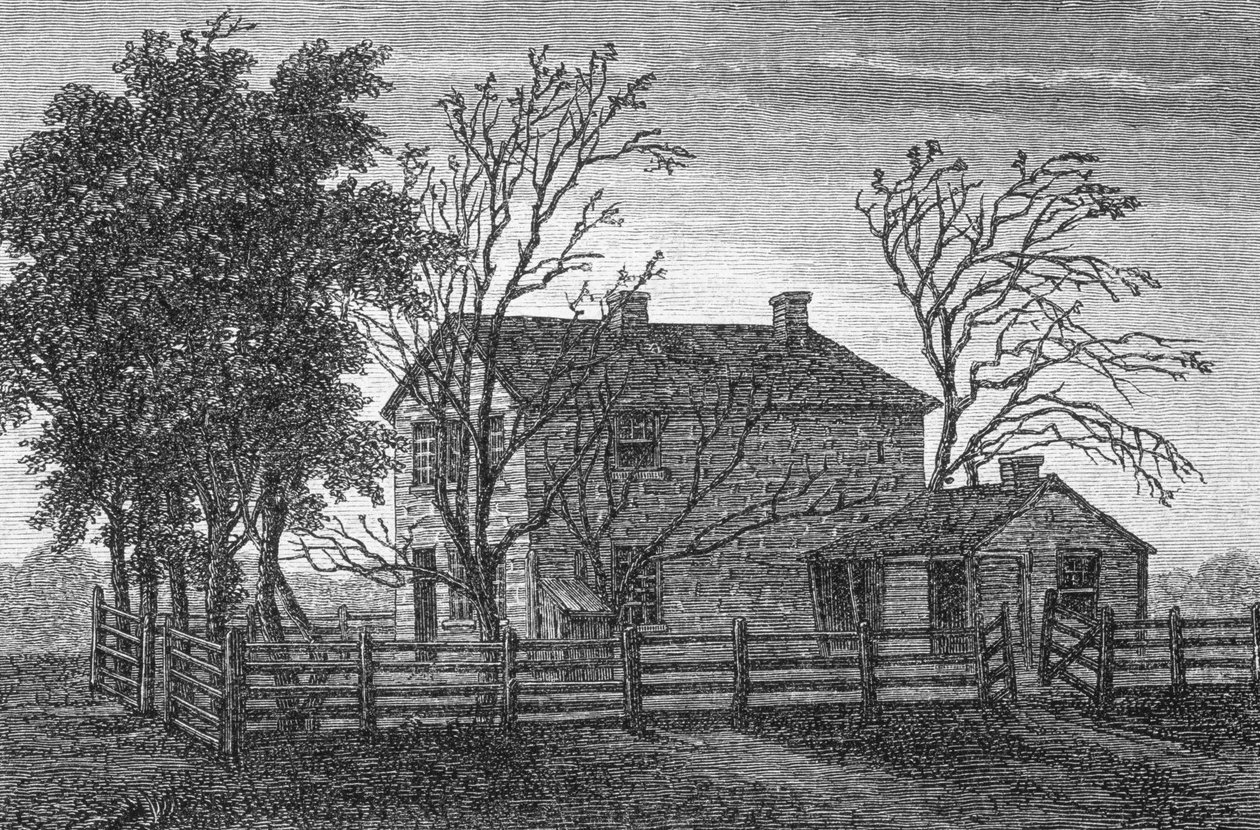 Vězení v Carthage, Illinois, ve kterém byli mormonský prorok Joseph Smith a jeho bratr Hyrum uvězněni a zavražděni v roce 1844, z „La Vuelta al Mundo“ vydané v Madridu, 1865 od Spanish School