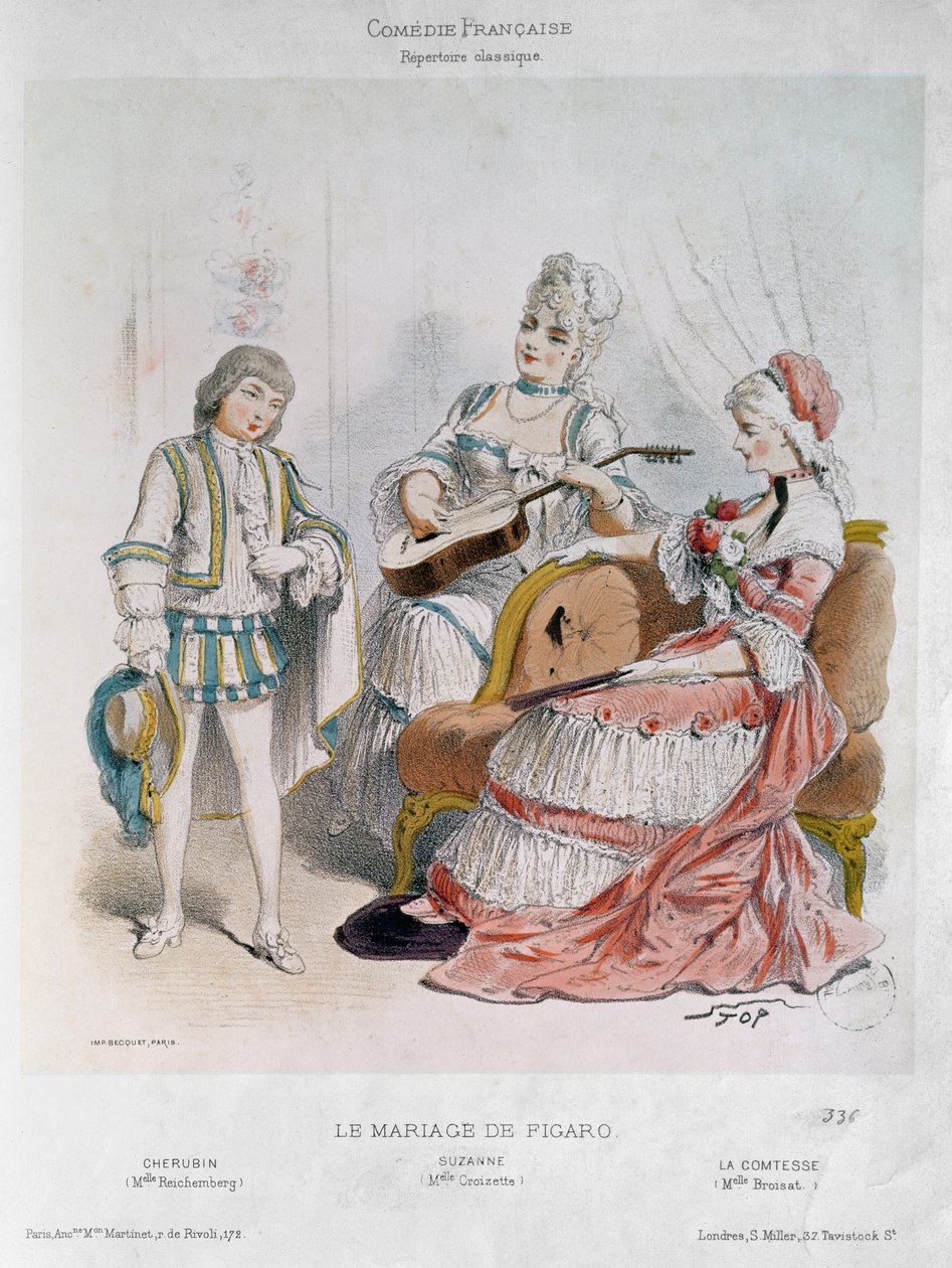 Mademoiselle Reichemberg jako Cherubín, Mademoiselle Croizette jako Suzanne a Mademoiselle Broisat jako hraběnka ve Figarově svatbě od Pierra-Augustina Caron de Beaumarchais (1732-99) (barva od Stop