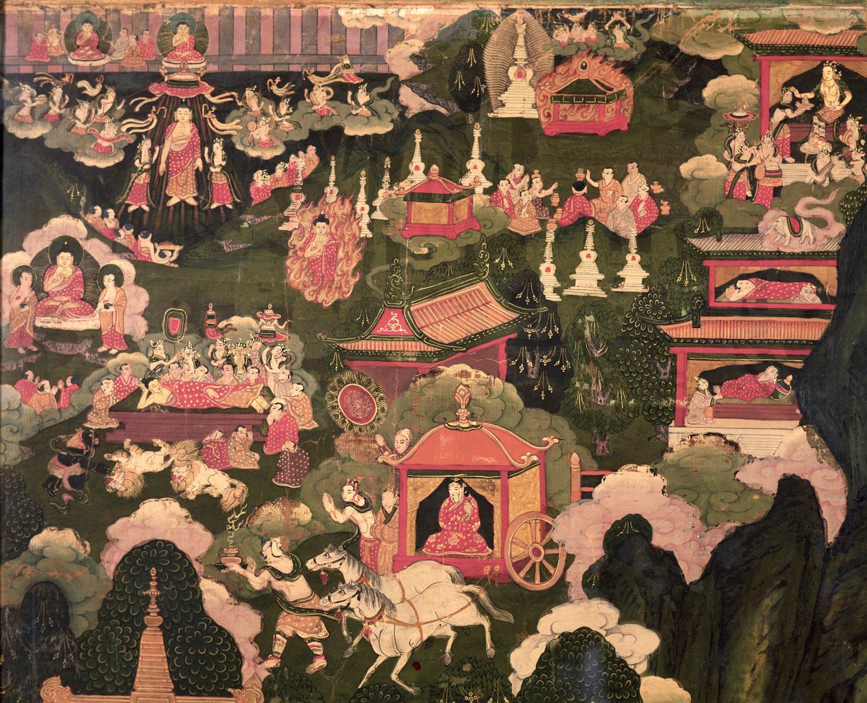 Parinirvana a Buddhova smrt, z „Života Buddhy Šákjamuniho“ od Tibetan School