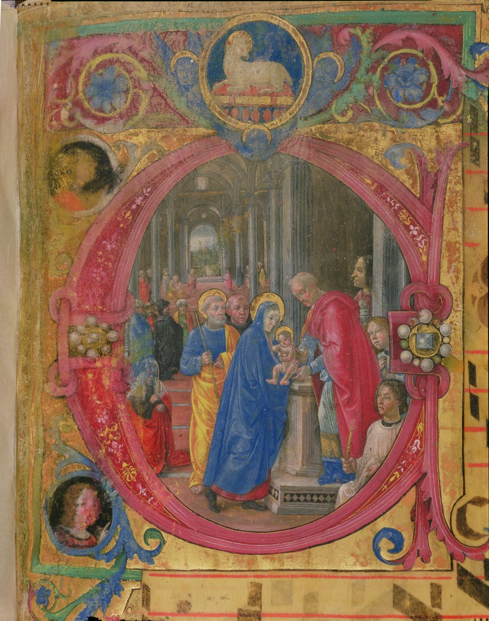 Corale B 26 c.113r Historická iniciála „C“ zobrazující Prezentaci v chrámu, s portrétem Lorenza Velkolepého (1449-92) u sloupu na pravé straně (viz 179197 pro de od Tommaso di Baldassare