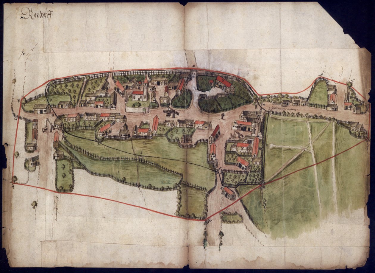 Pohled na vesnici Rohrdorf poblíž Meßkjirch na mapě ptačí perspektivy z roku 1576 od Unknown