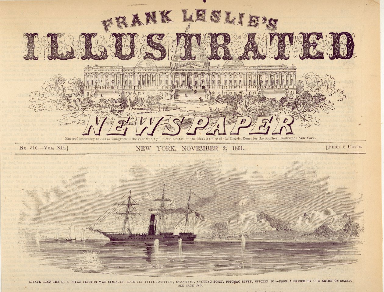 Útok na Seminole v USA Steam Sloop-of-War, z (nečitelného) Shipping Point, Potomac River, 15. října. od Unknown
