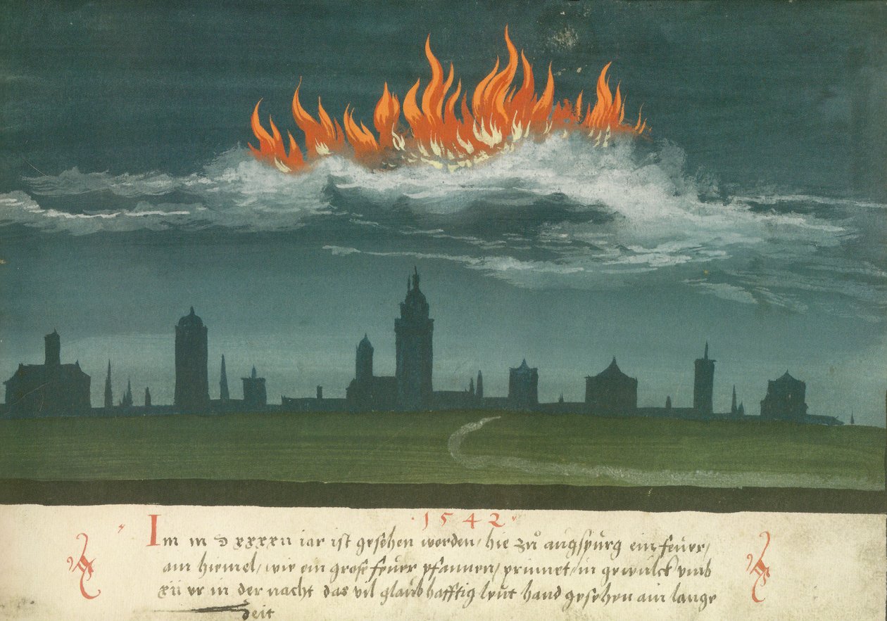 Augsburger Wunderzeichenbuch - Folio 144: Nebeský oheň nad Augsburgem 1542 od Unknown
