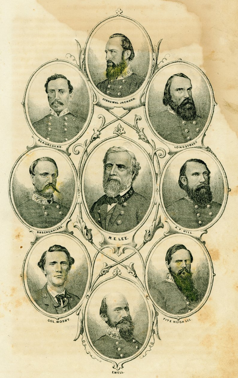 Konfederační generálové (Předměty zahrnují generály Stonewall Jackson, Longstreet, A.P. Hill, Fitzhugh Lee, Ewell, Greckenridge, Beauregard a Lee a plk. Mosby) od Unknown