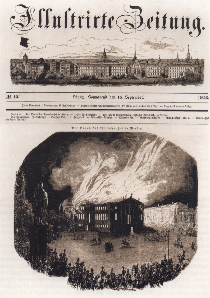 Přední strana Leipziger Illustrierte Zeitung, 16. září 1843, zobrazující požár berlínské opery 18. srpna 1843 od Unknown