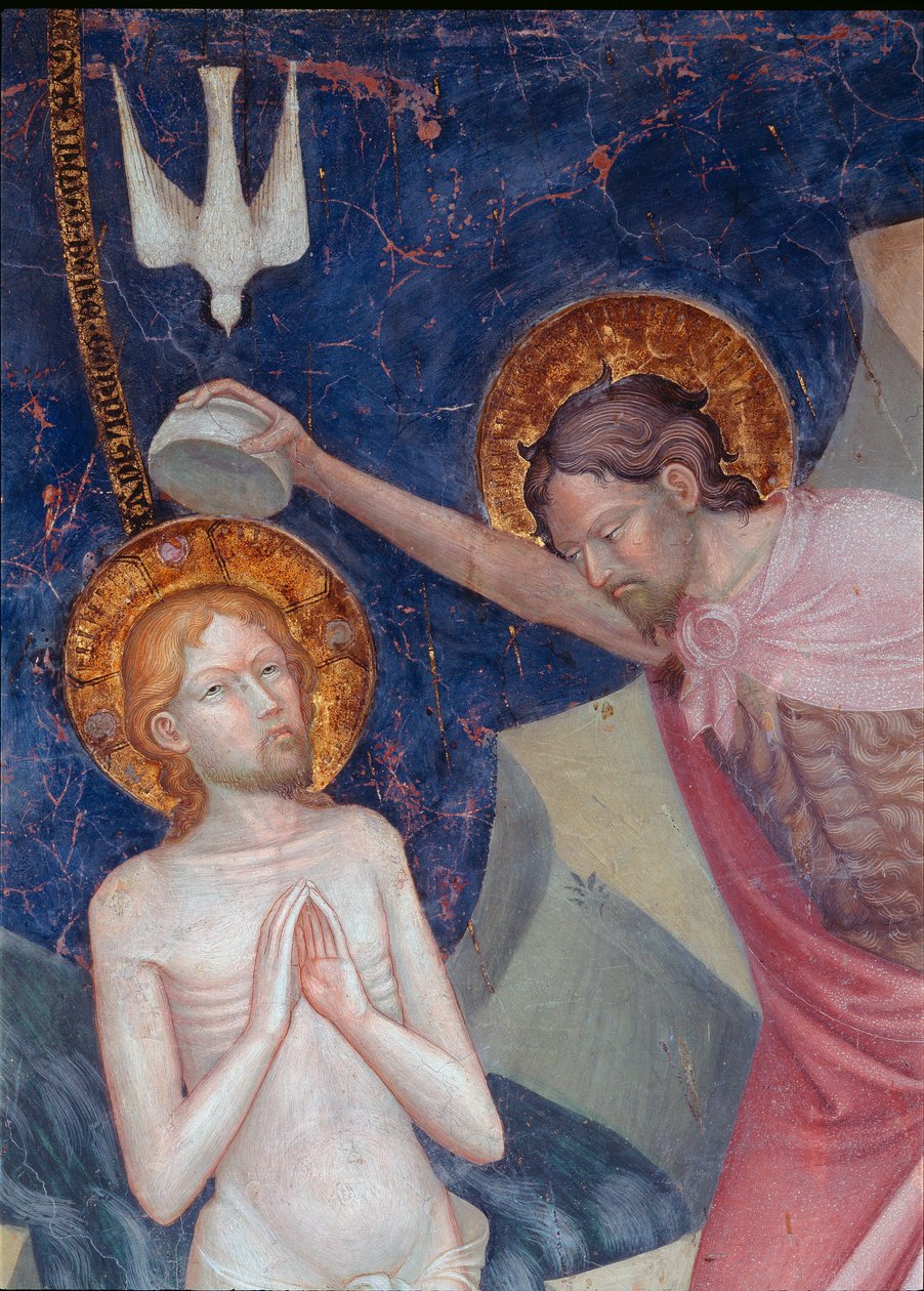 Svatý Jan Křtitel křtí Krista Detail. Freska od Lorenza (asi 1374-1420) a Jacopa (? -Po roce 1427) Salimbeni 1416. Oratoř Urbino v San Giovanni od Lorenzo da  Sanseverino