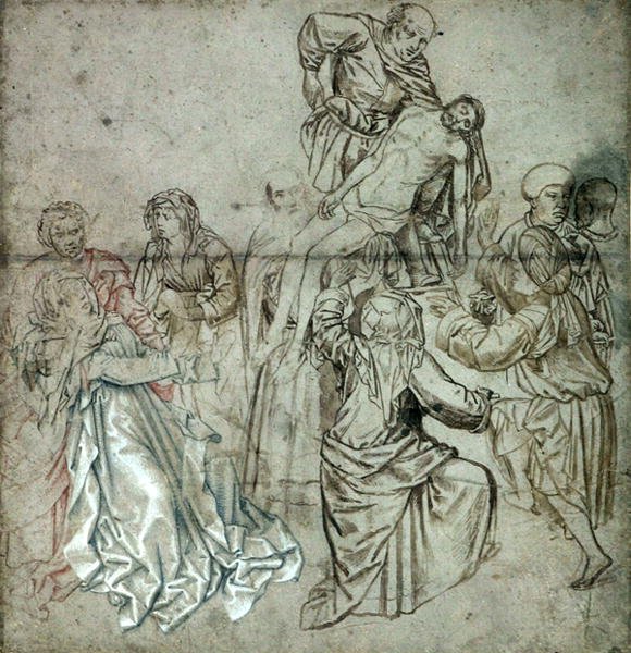 Středový panel ztraceného triptychu od Campina, možná nakreslený Vranckem van der Stockem (1424-95) (pero a křída na papíře) od Master of Flémalle
