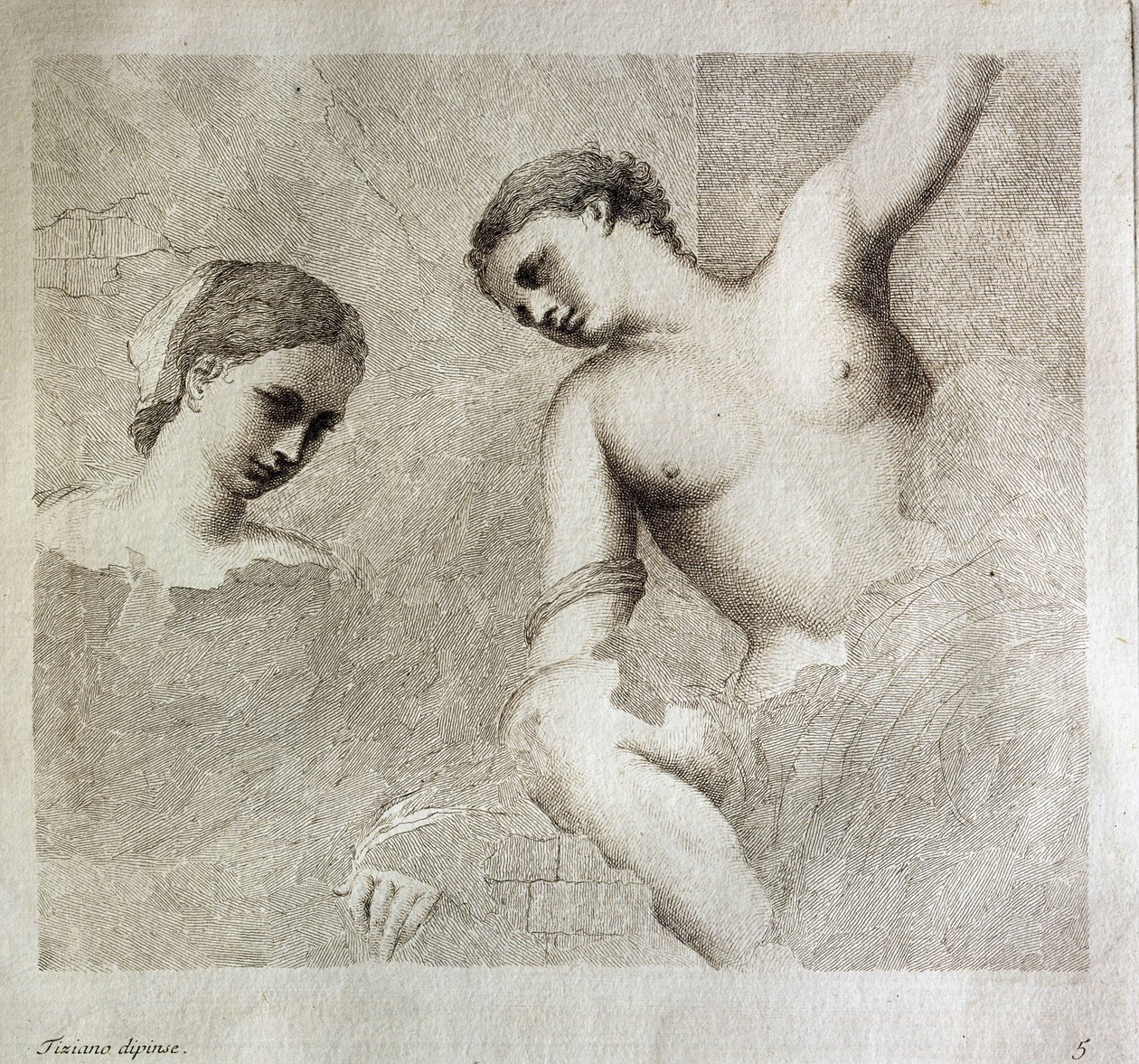 Ženské postavy. Vlevo dole "Tiziano Dipinse". Rytina od Giorgia da Castelfranco známého jako Giorgione (1476/1478-1510) Kunsthistorisches Institute, Florencie od (1476/8 1510) Giorgione