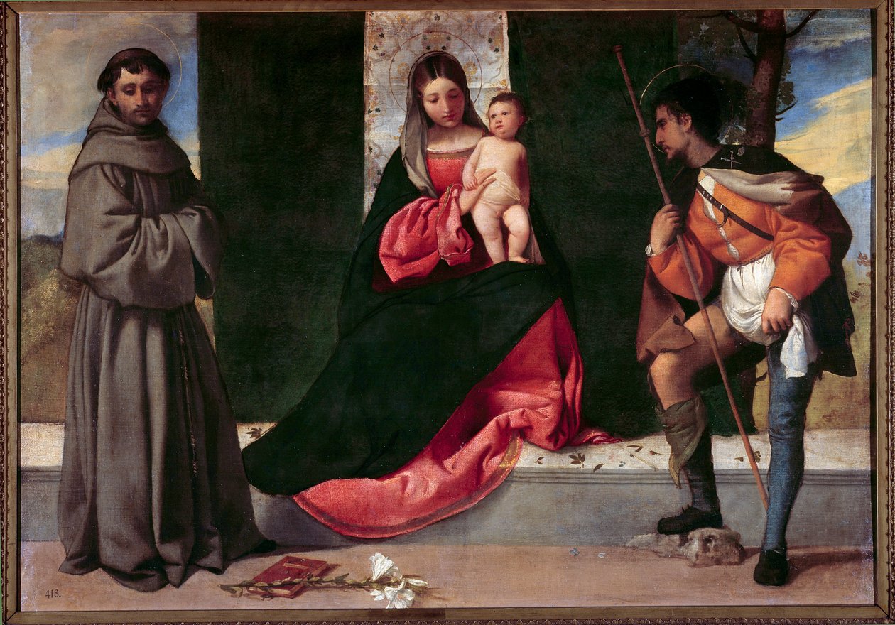 Obraz Panny Marie s dítětem mezi svatým Antonínem Paduánským a svatým Rochem od Giorgia Barbarelliho da Castelfranco dit Giorgione (1477-1510). Slunce 16. století. 0,92x1,33 m Madrid, muzeum Prado od Giorgione