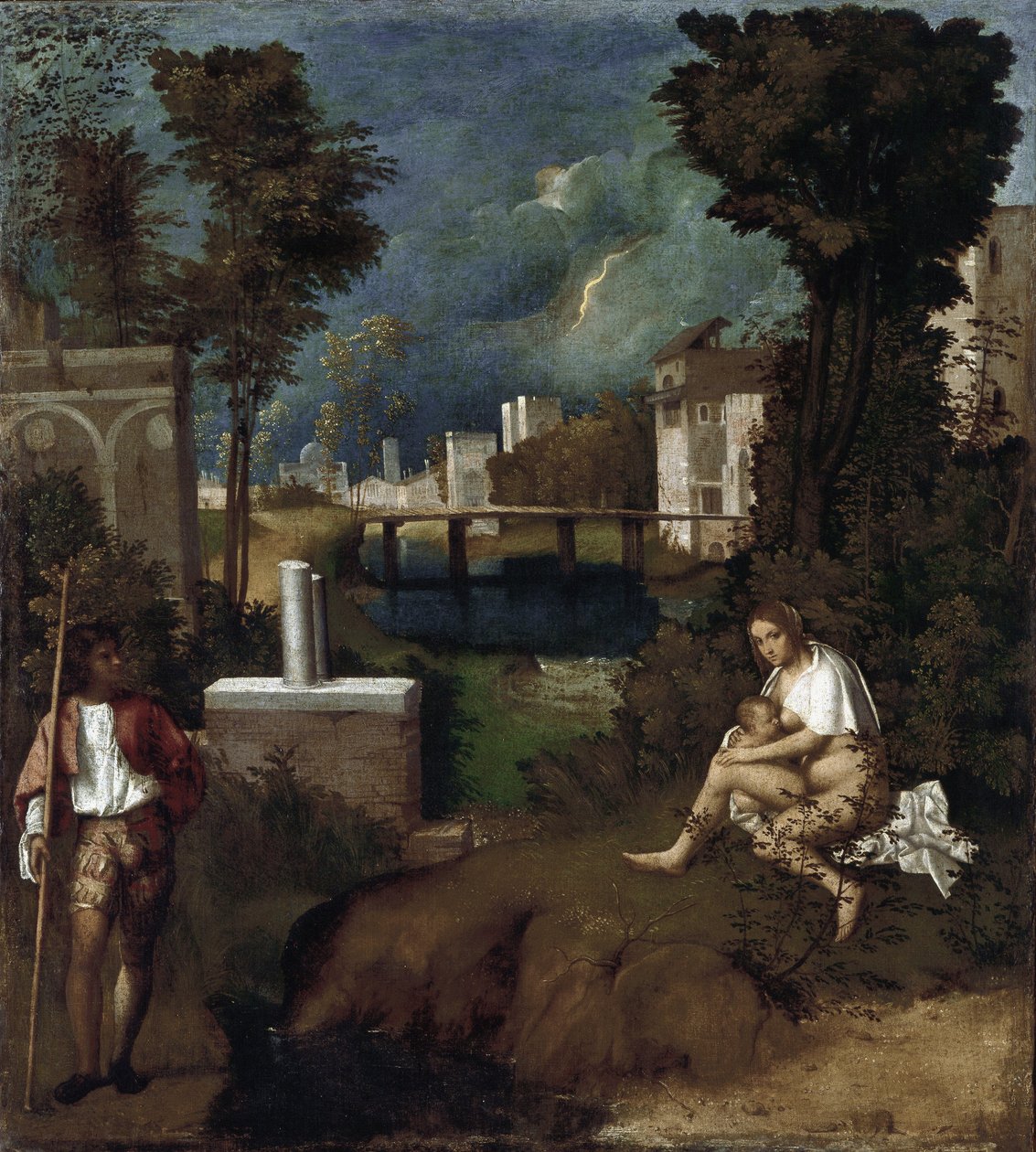 Bouře. Detail ženy kojící své dítě a krajina - olej na plátně, cca 1505-1506 od Giorgione