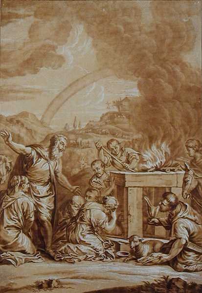 Noe po potopě, vyrytý Elishahem Kirkhallem (1682-1742) (barva litho) od Veronese