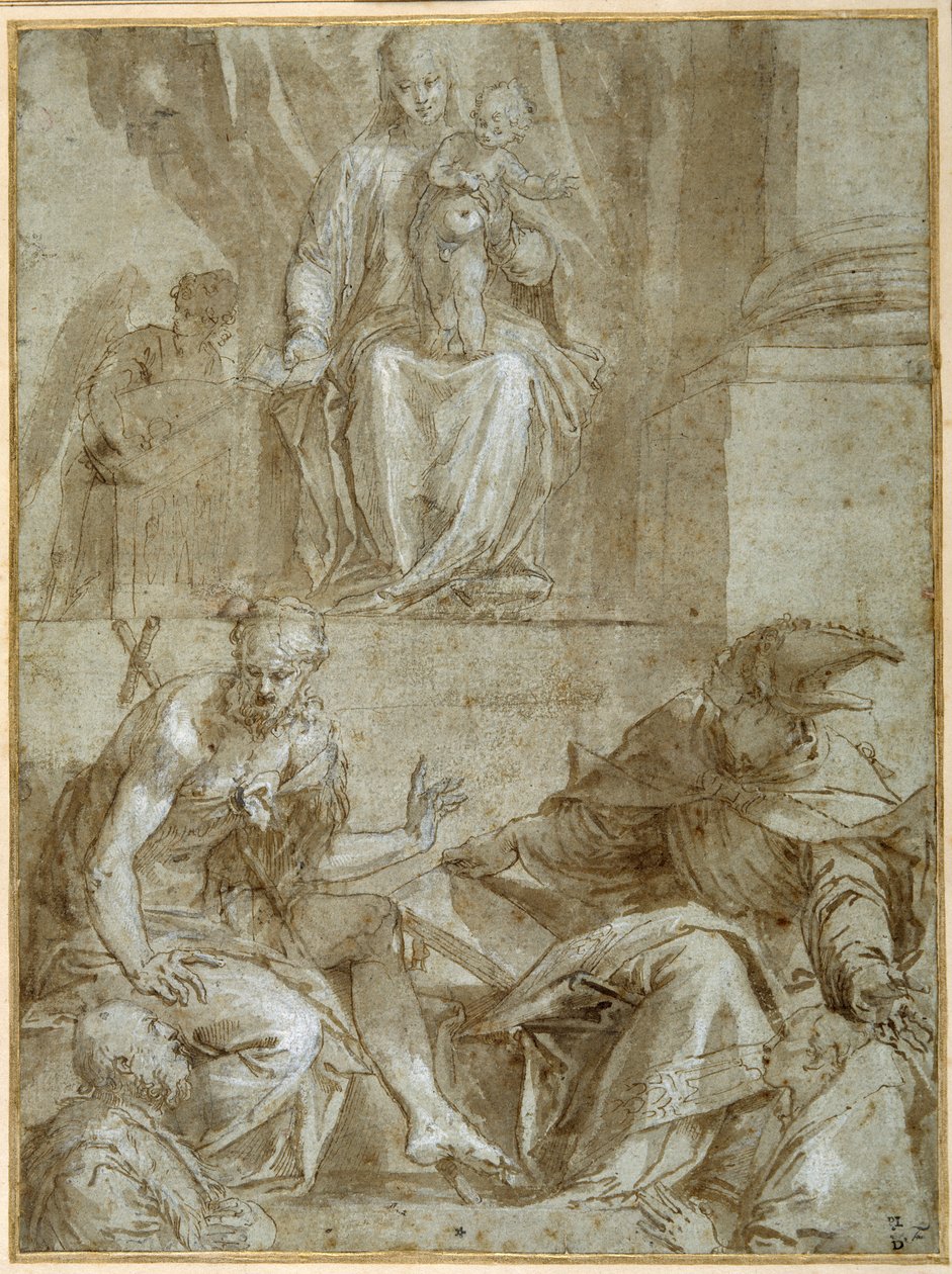 Panna a dítě na trůnu se svatými Janem Křtitelem, kolem roku 1548 (pero, černý inkoust a hnědá barva na papíře) od Veronese