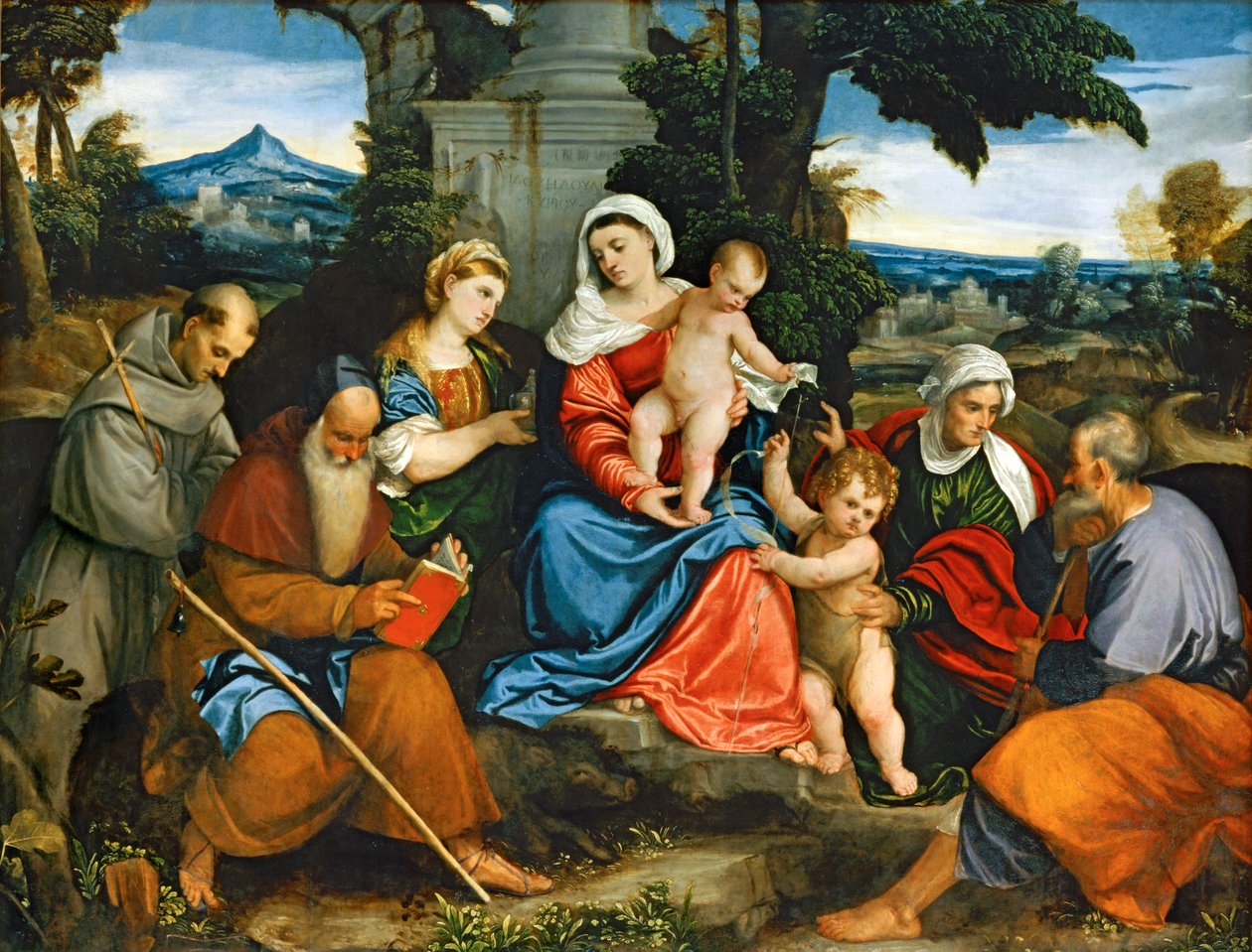 Svatá rodina se svatými Františkem, Antonínem, Magdalenou, Janem Křtitelem a Alžbětou... od (1528-88) Veronese