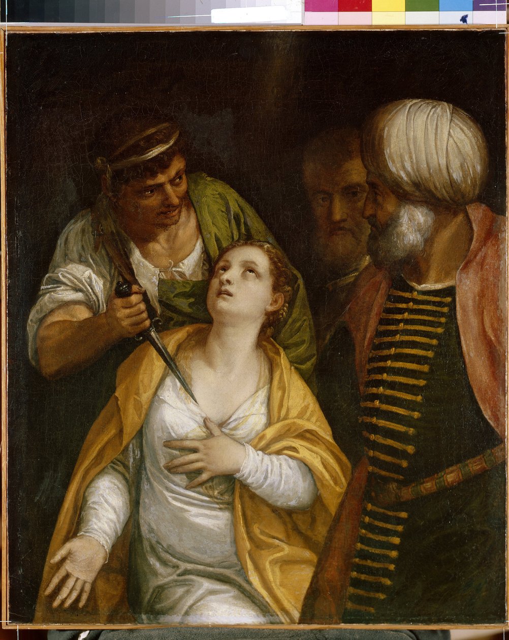 Mučedník svaté Justiny. Justina z Padovy (narozena ve 3. století-304), mučednice starověkého Říma, byla probodnuta mečem. Obraz Paolo Veronese (1528-1588), olej na plátně. Italské umění (Benátky) od (1528 88) Veronese