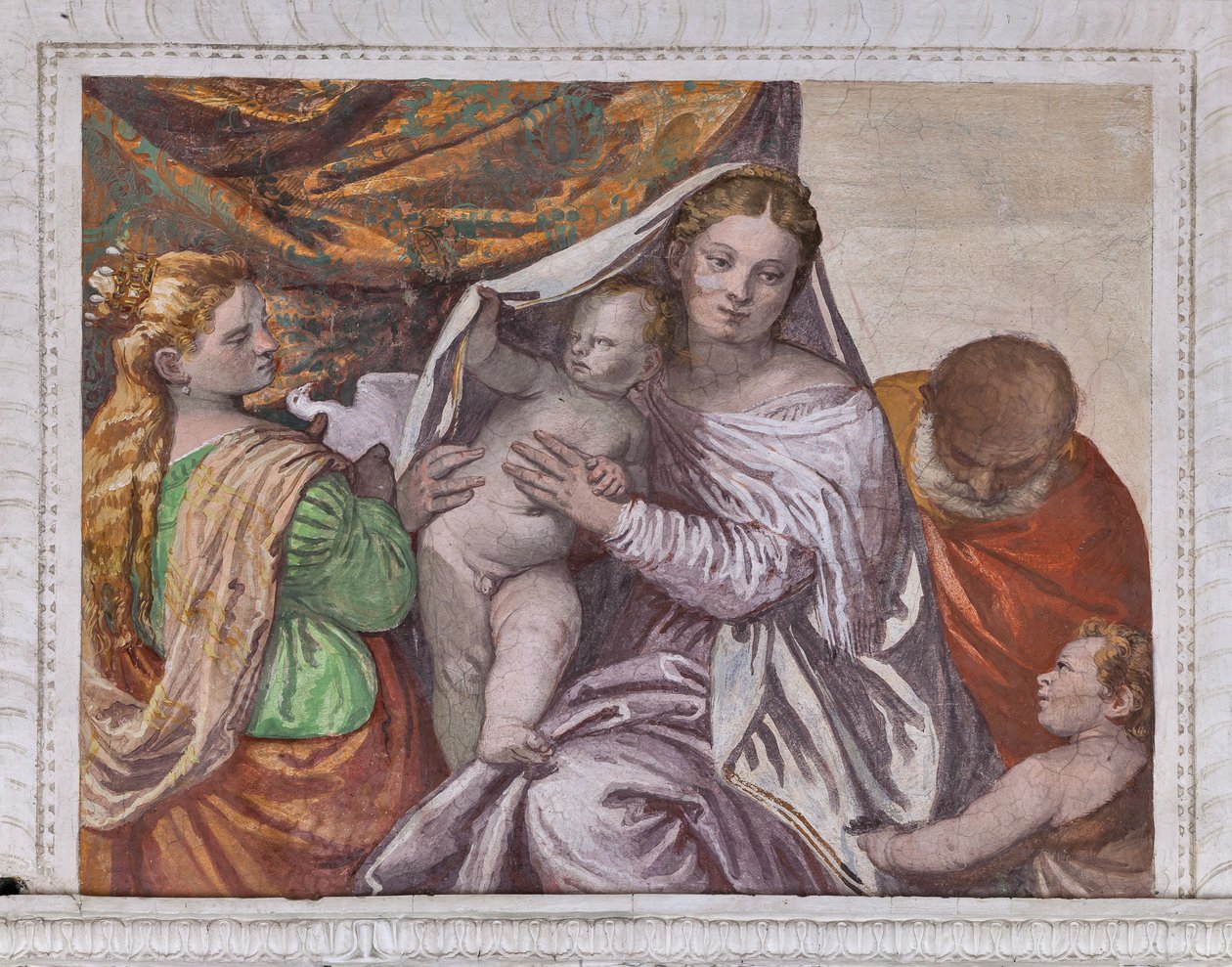 Madona s Jezulátkem a svatou Kateřinou nabízející Ježíškovi holubici, Jižní stěna pokoje Pejska, detail 2632659 od Veronese