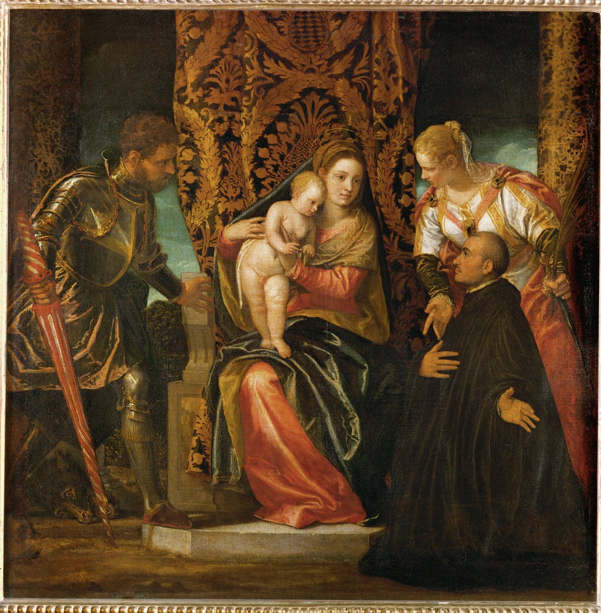 Svatá Marie a Ježíš mezi svatým Jiřím a svatou Justýnou s klečícím benediktinským mnichem ... od (1528 88) Veronese