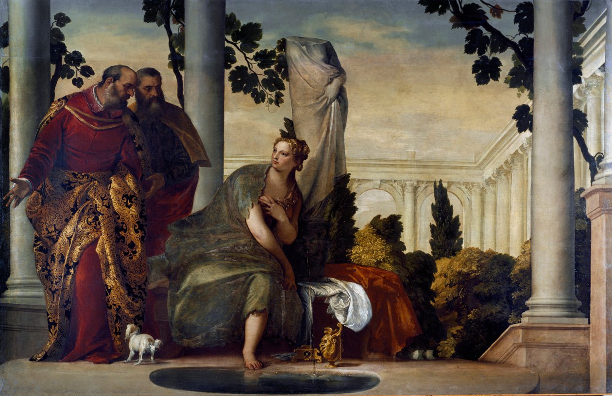 Suzanne a staříci. Obraz od Paola Caliariho Paul Veronese (1528-1588), kolem roku 1570. Olej na plátně. Rozměr: 175 x 320 cm. Genes, Banca Carige Collection od Veronese