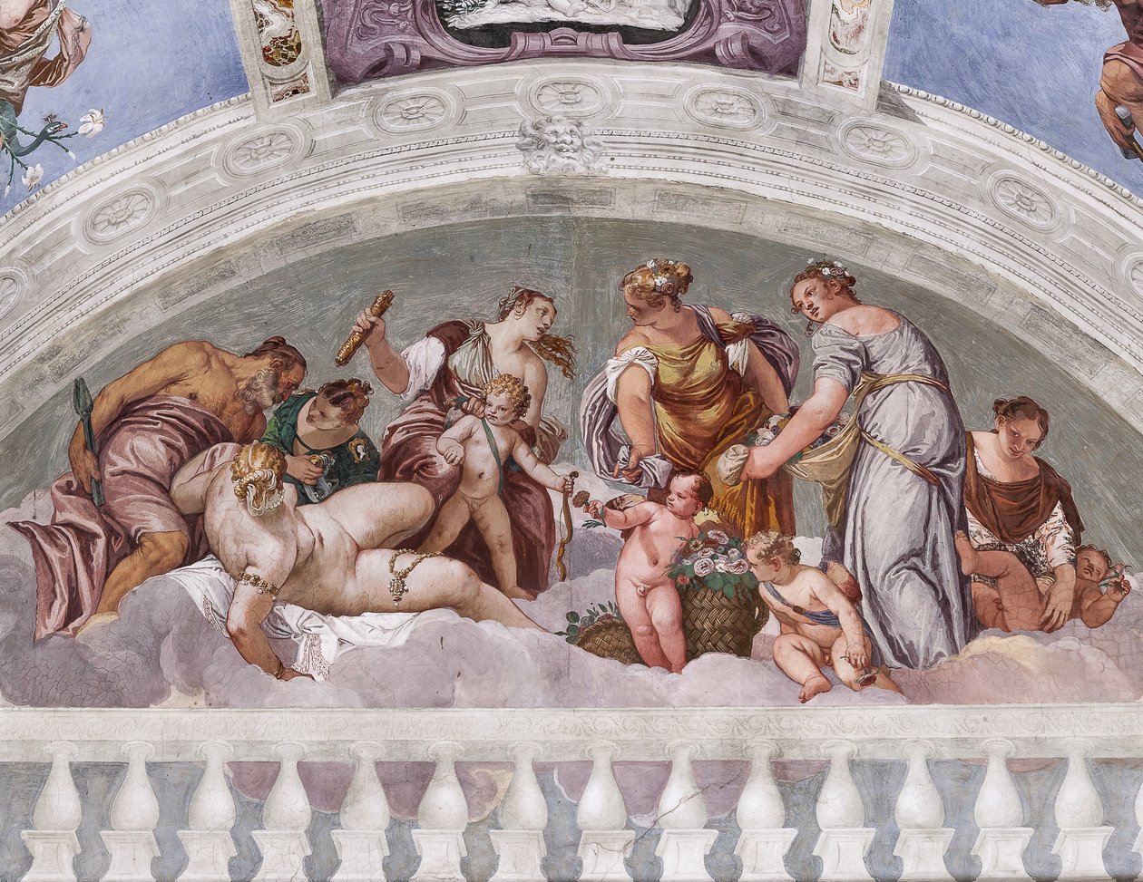Alegorie zimy a jara (Vulkán a Venuše), Jižní zeď, luneta nad dveřmi do pokoje Crociera, síň Olympu od Veronese