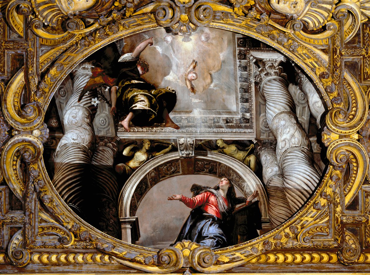 Zvěstování. Obraz Paola Caliariho Paolo Veronese (1528-1588), po roce 1568. Olej na plátně. Rozměr: 340 x 455 cm. Benátky, bazilika sv. Giovanni e Paolo (San Zanipolo), kaple růžence. Benátky (Bazilika svatých Giovanni a Paolo (San Zanipo od Veronese